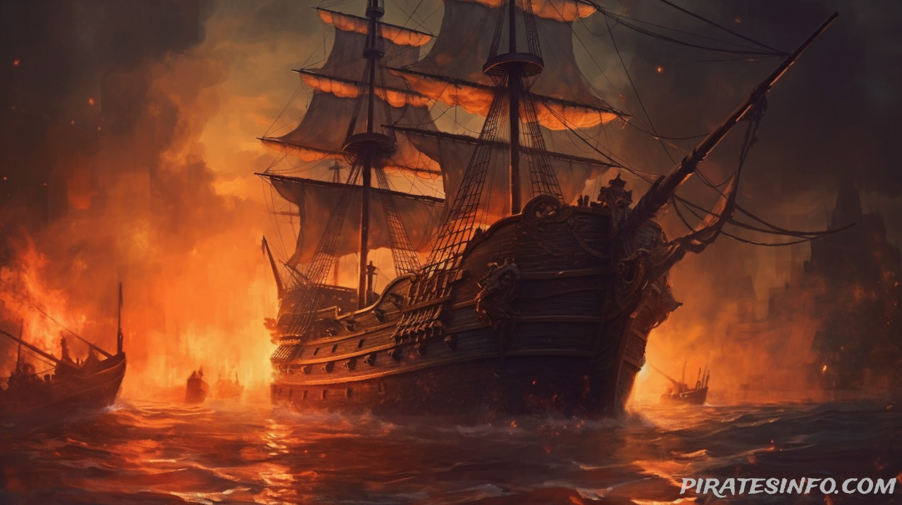 A burning pirate ship on the open seas