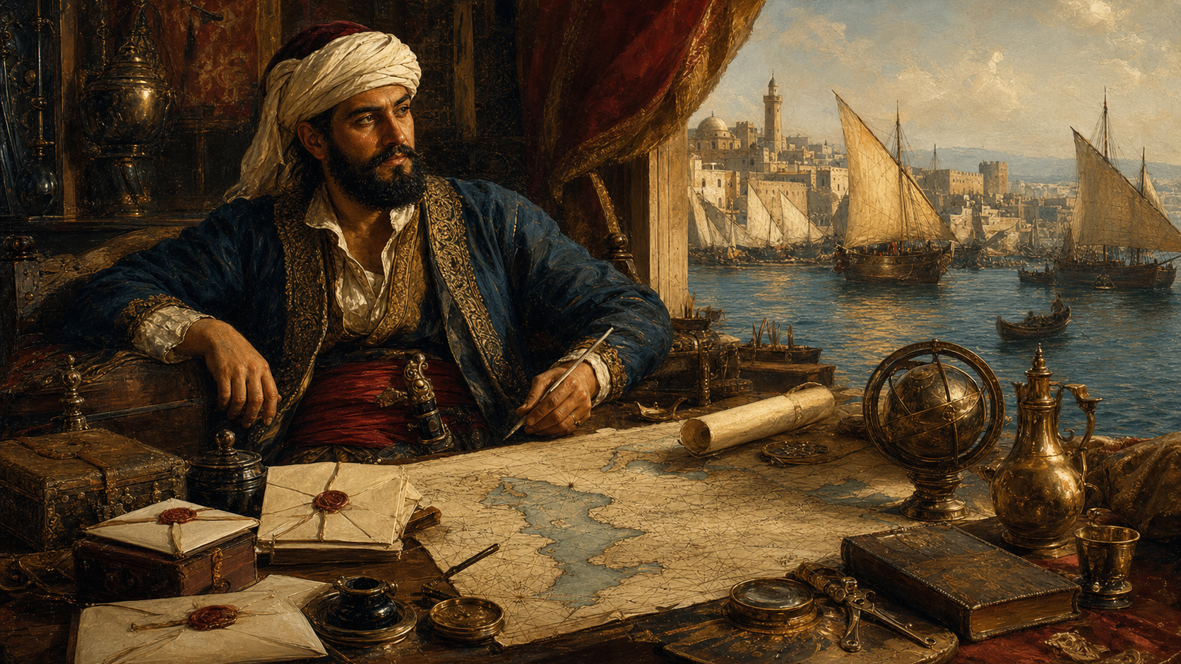 Barbary corsairs paperwork illustration.