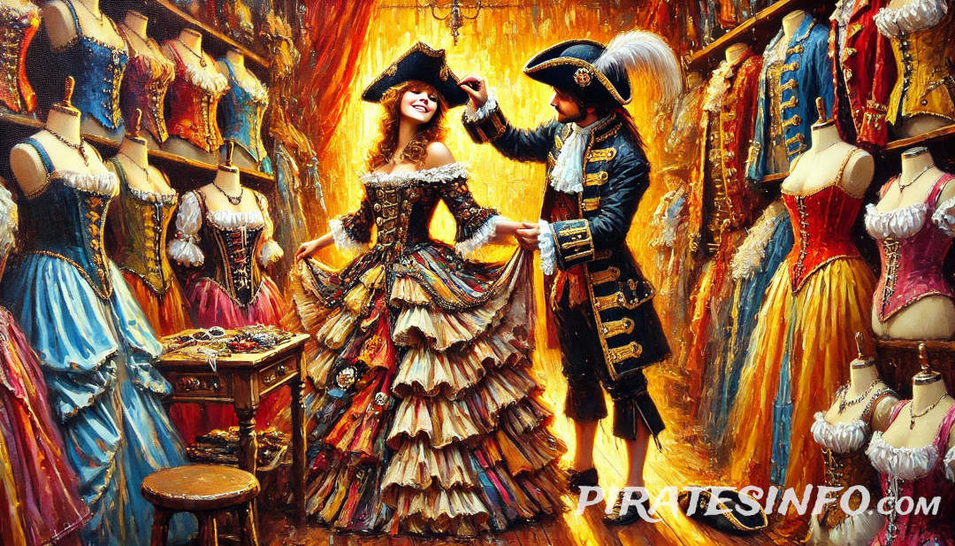 A woman and a man try on pirate costumes together