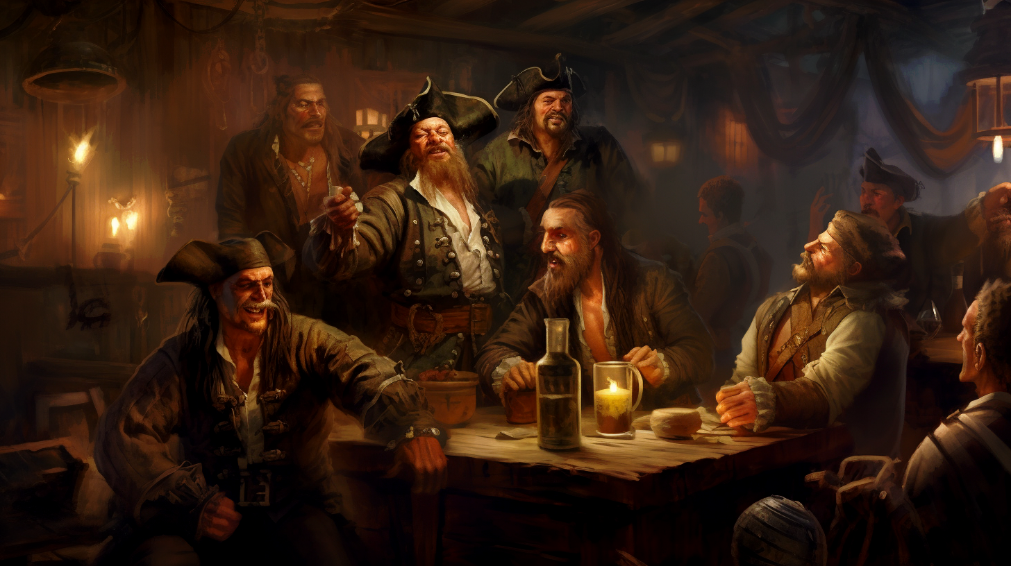 Pirates talking in a pub