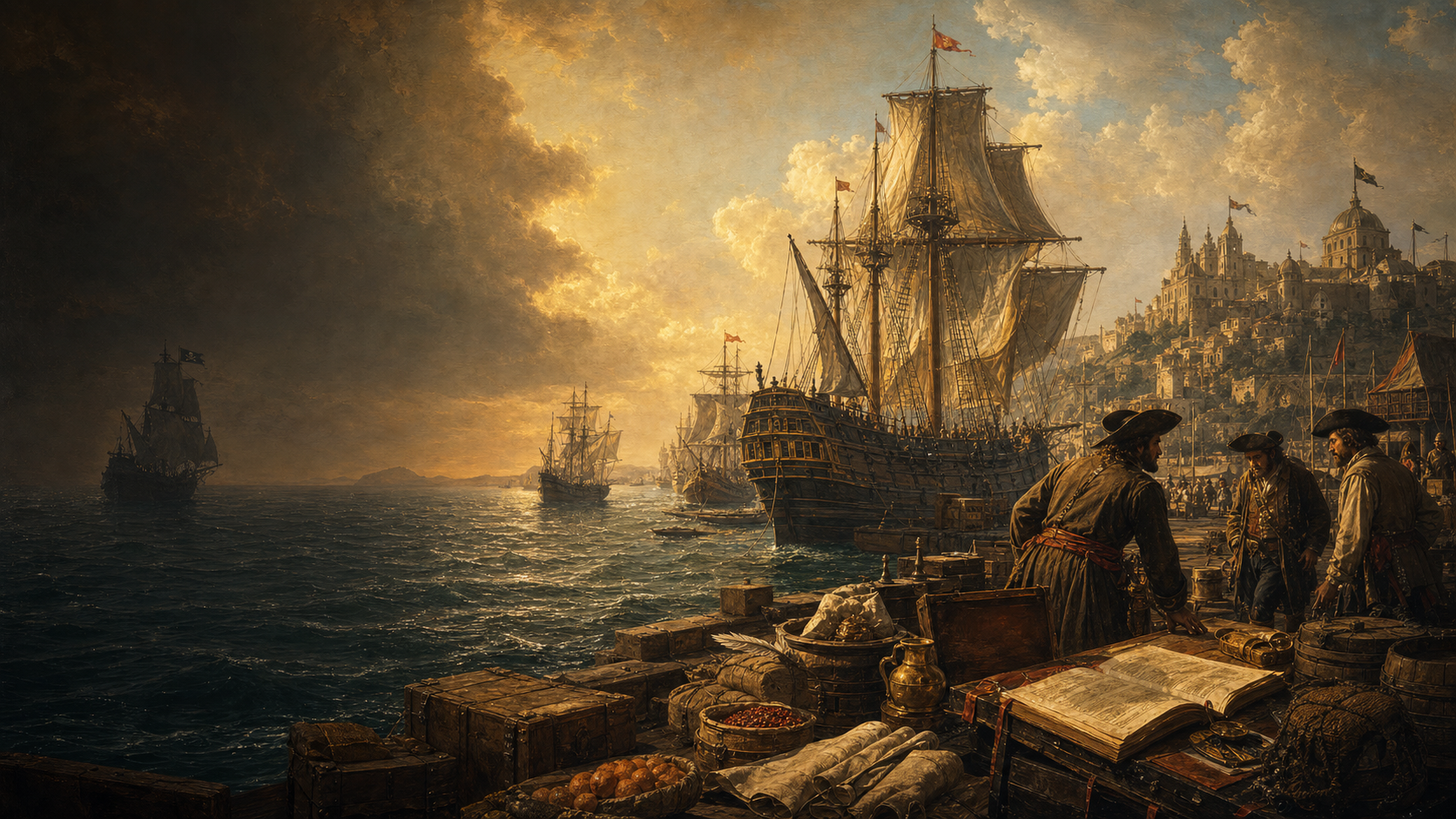 Oil painting of piracy and maritime trade