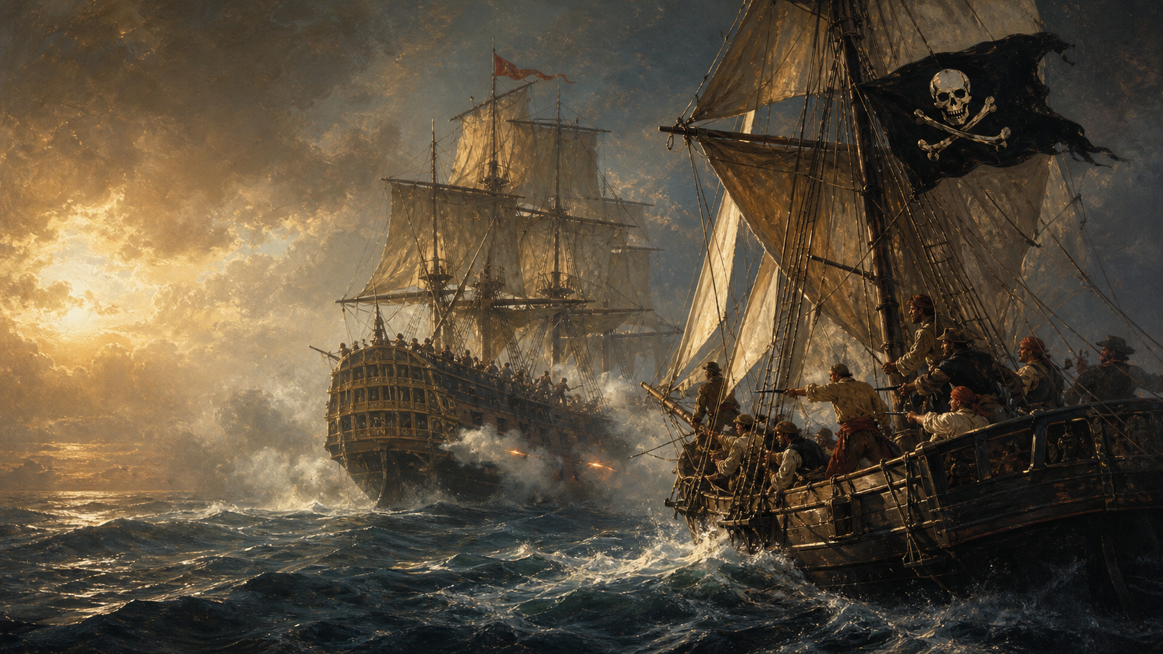 Oil painting of pirate naval tactics